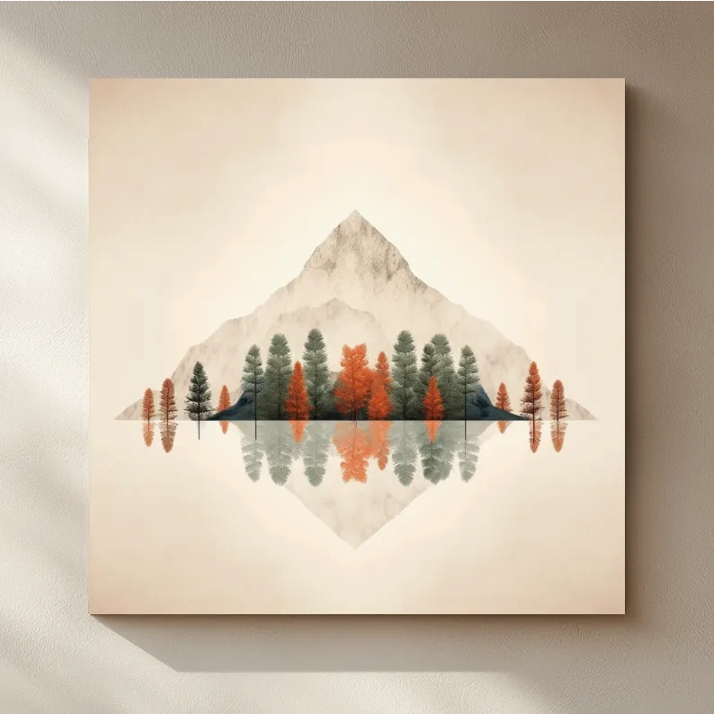 Minimalist Minimal Mountain Lake Reflection Painting - Autumn Pine Forest Artwork