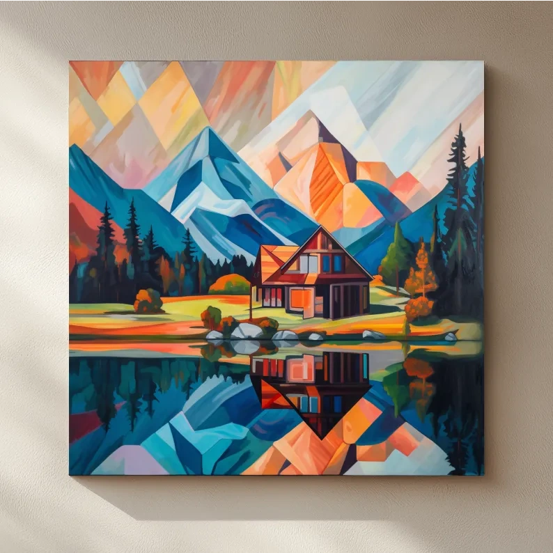 Vibrant Geometric Mountain Cabin Lake Reflection - Abstract Sunrise Wall Art