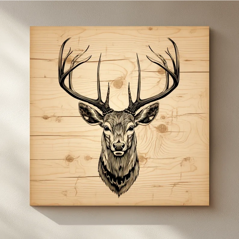 Rustic Engraved Wood Deer Head Illustration - Lodge Wildlife Wall Art