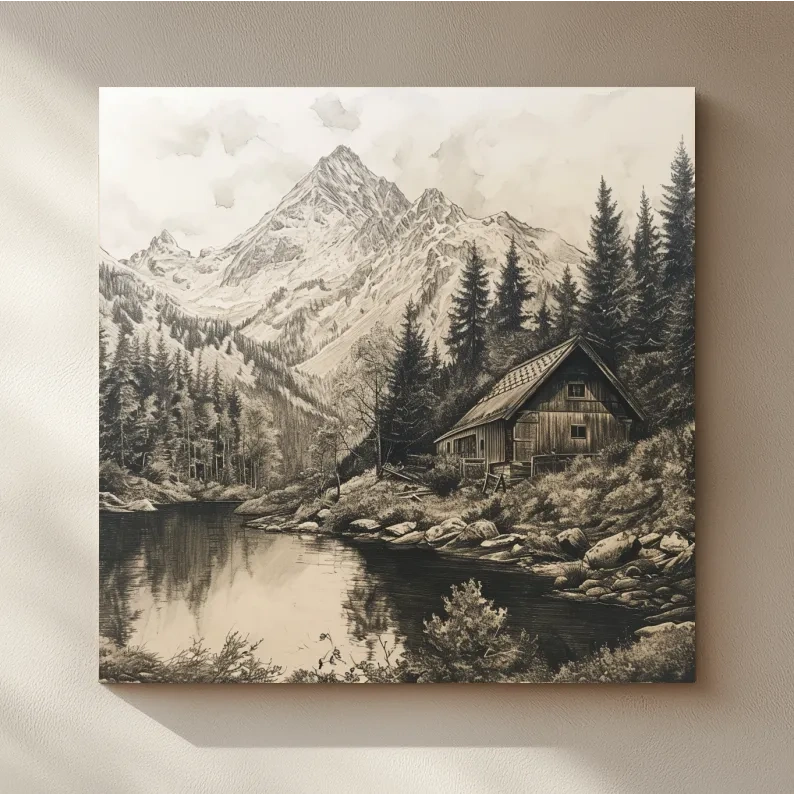 Vintage Sepia Mountain Cabin Lake Scene - Rustic Alpine Forest Landscape Art