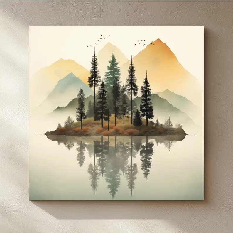 Misty Pine Forest Island Reflection - Minimalist Mountain Lake Wall Art