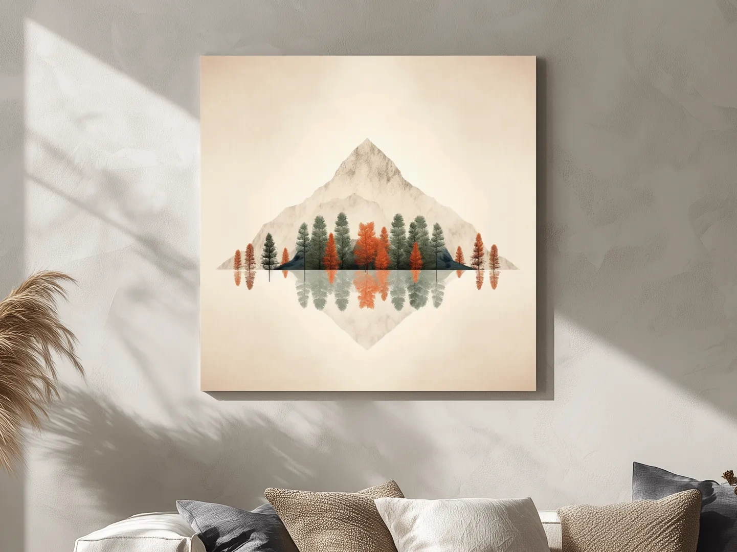 Minimalist Minimal Mountain Lake Reflection Painting - Autumn Pine Forest Artwork
