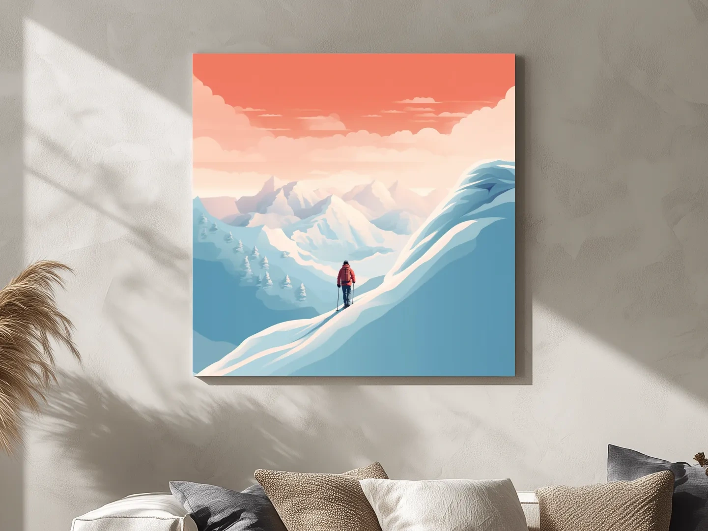 Minimalist Backcountry Skier Illustration - Pastel Alpine Landscape Wall Art