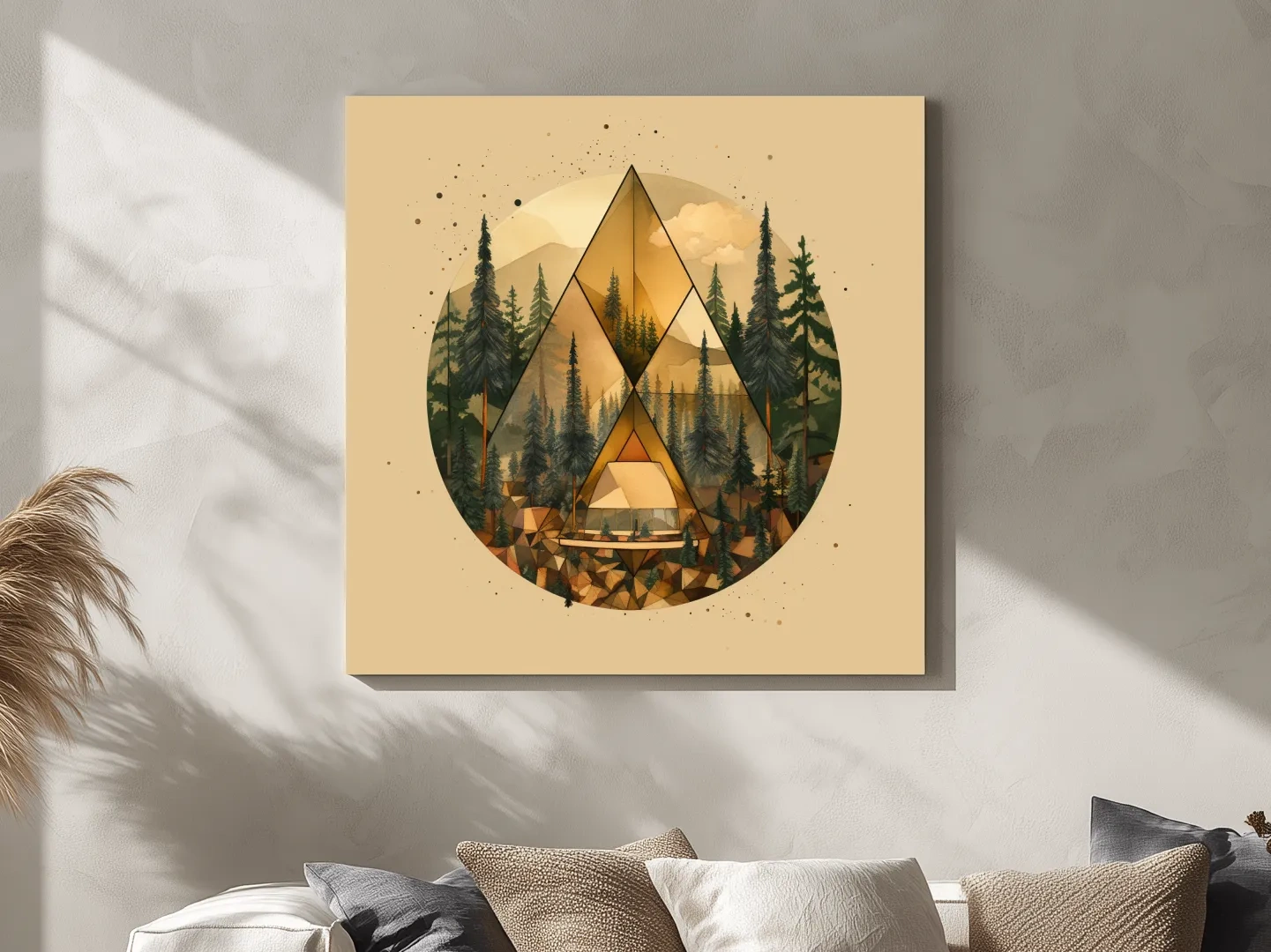 Geometric Mountain Cabin Forest Landscape - Modern Abstract Nature Wall Art