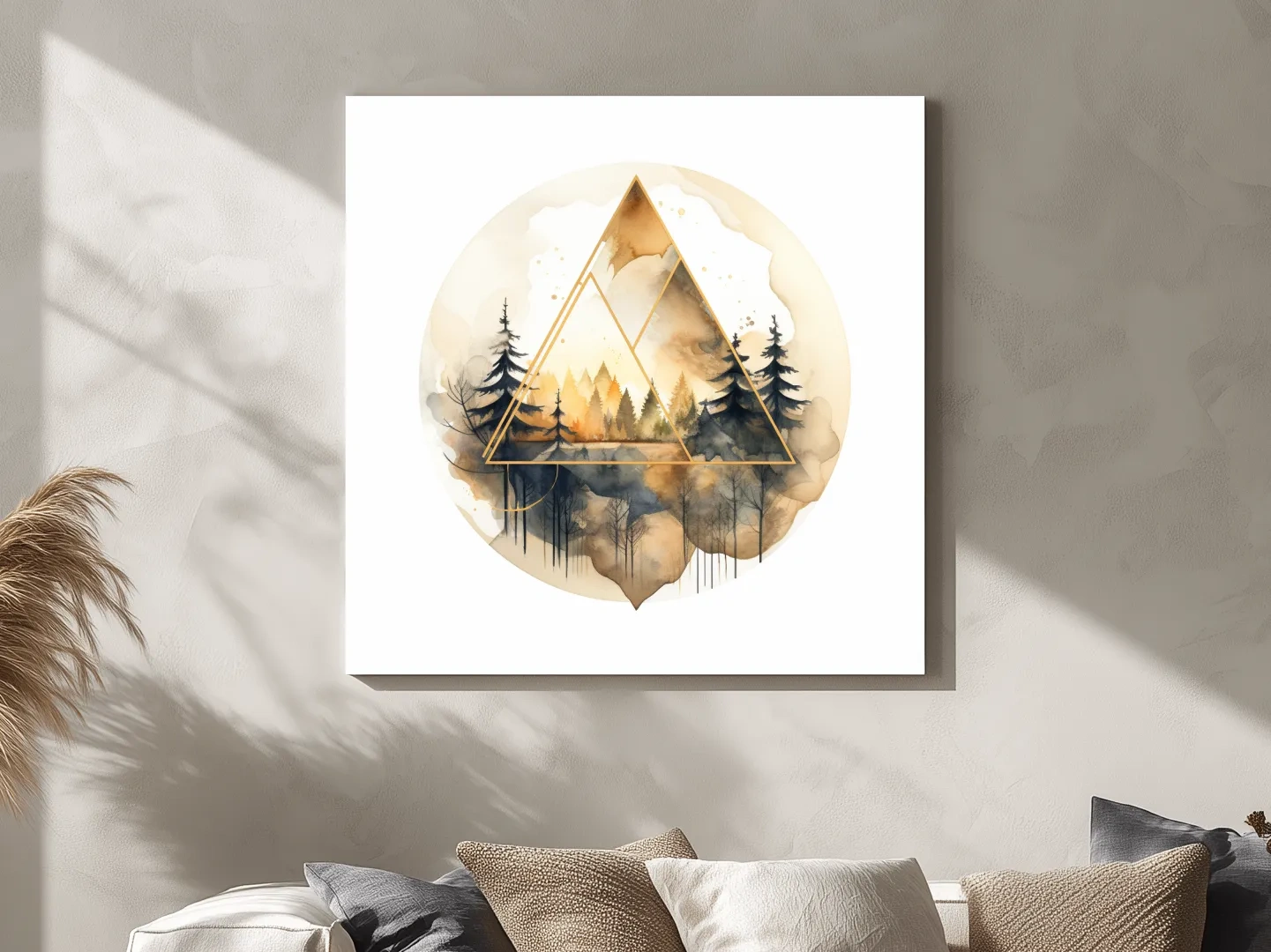 Geometric Watercolor Mountain Forest Landscape - Modern Rustic Nature Wall Art