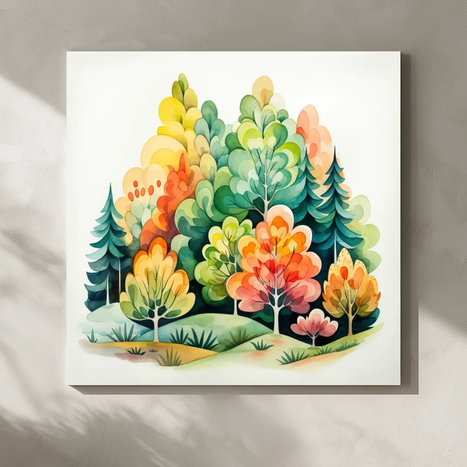 Whimsical Watercolor Forest Trees Illustration - Colorful Botanical Wall Art