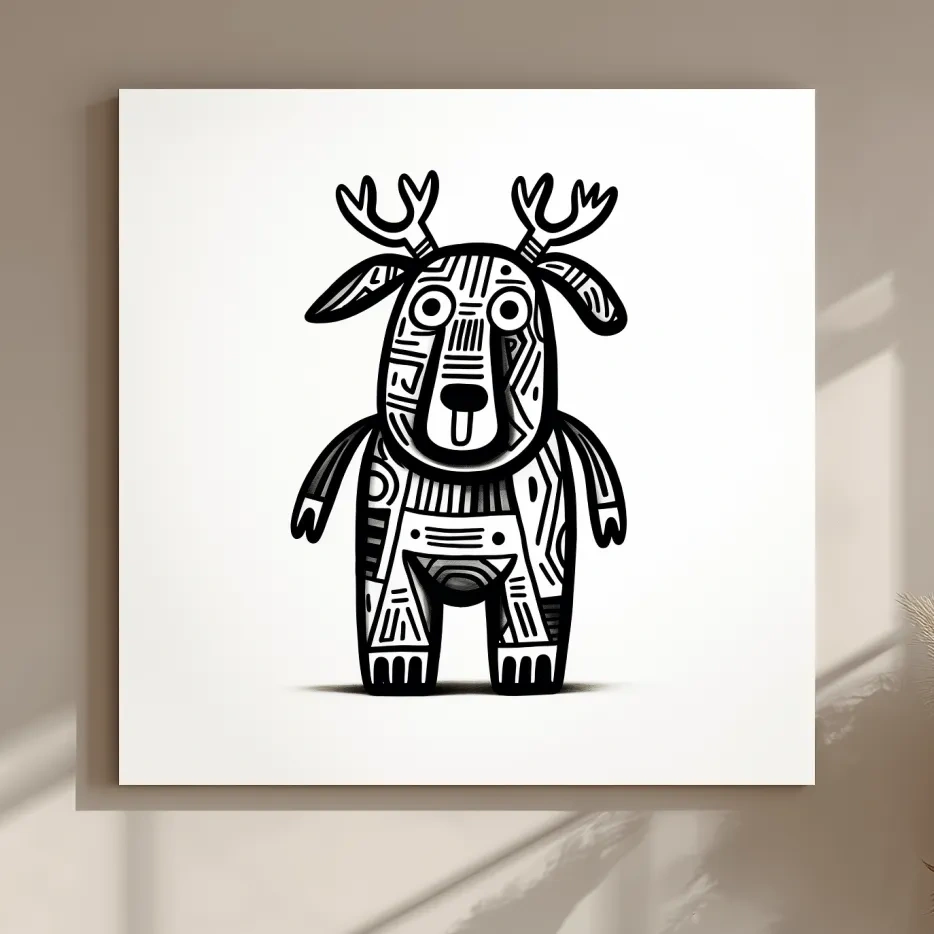 Whimsical Tribal Deer Illustration - Quirky Black And White Animal Wall Art