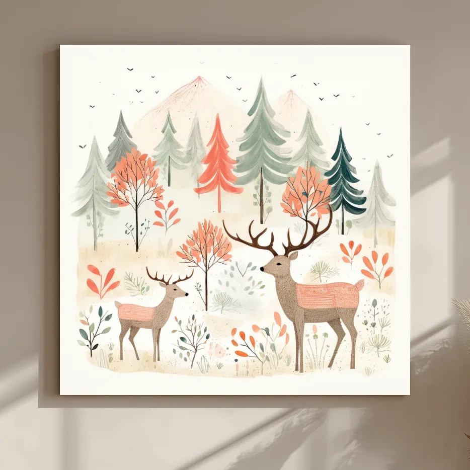 Whimsical Watercolor Deer Forest Storybook Scene - Scandinavian Woodland Nursery Wall Art