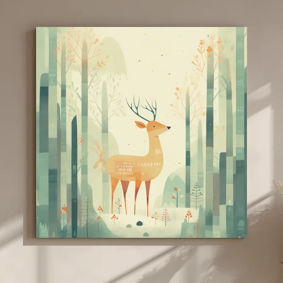 Whimsical Deer In Misty Forest - Minimalist Woodland Nursery Wall Art
