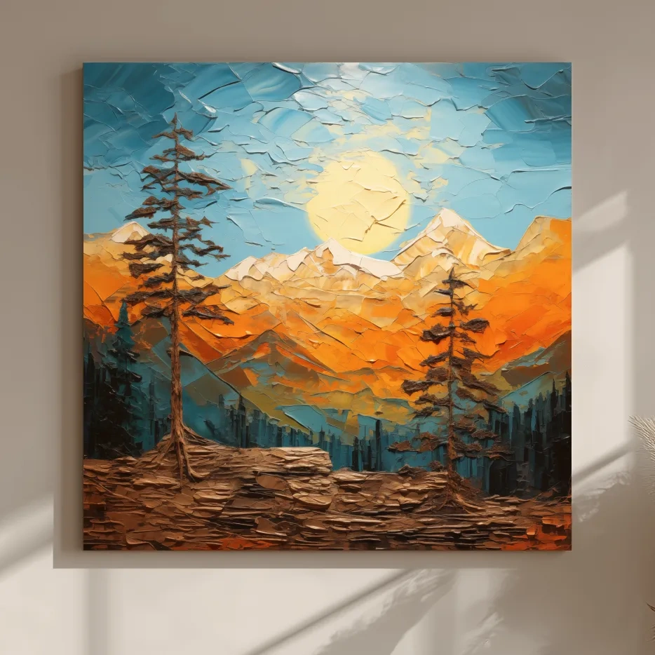 Impasto Style Mountain Sunrise Landscape - Bold Alpine Wall Art