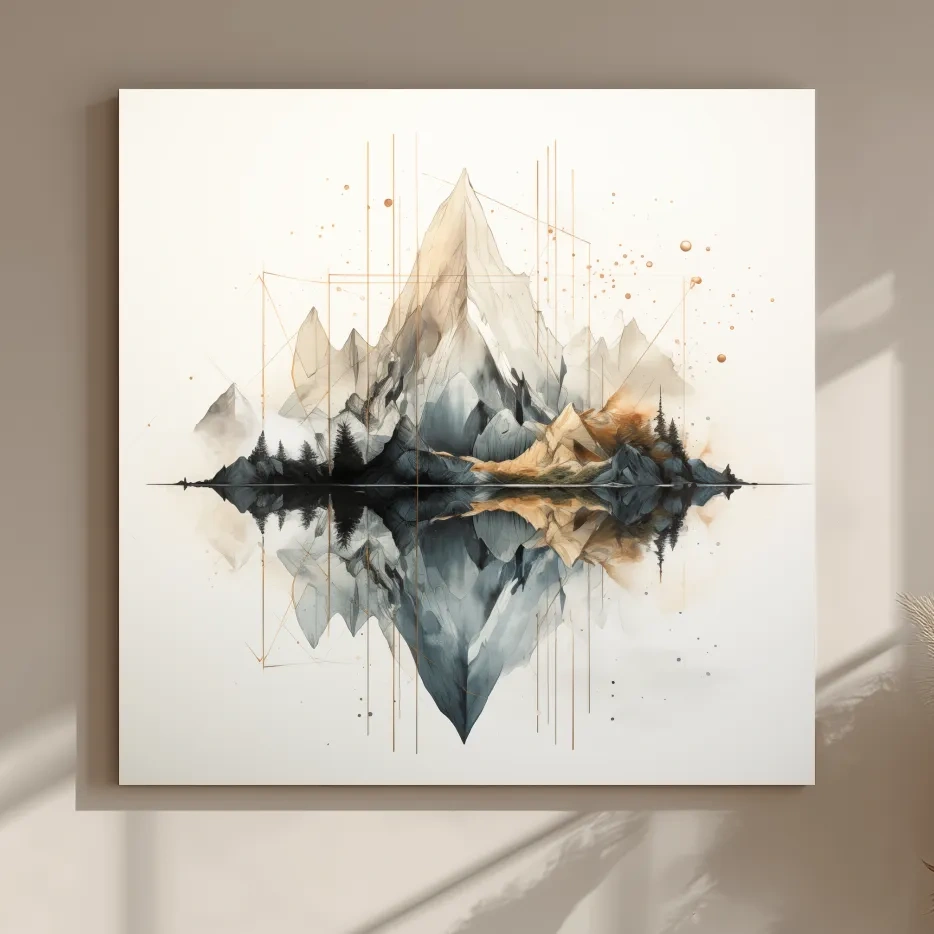 Geometric Watercolor Mountain Reflection Landscape - Modern Minimalist Wall Art
