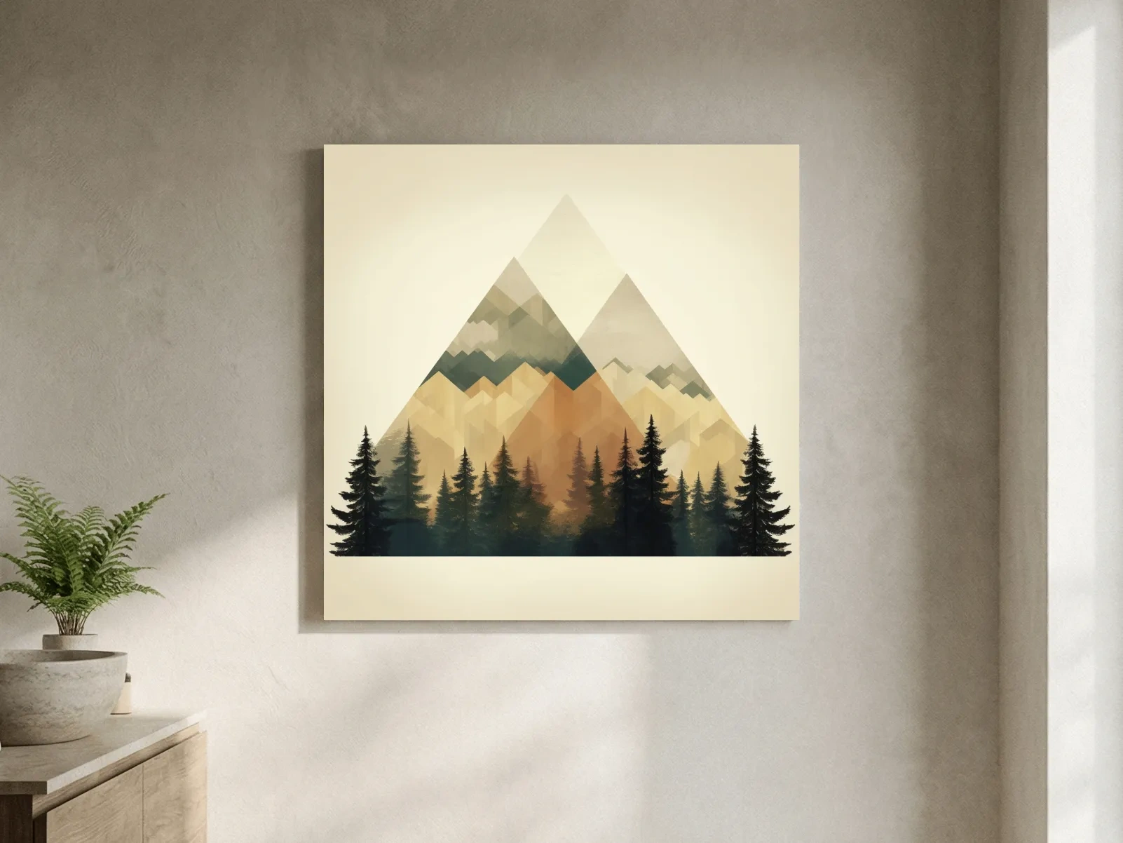 Geometric Mountain Peaks With Pine Forest - Minimalist Scandinavian Alpine Artwork