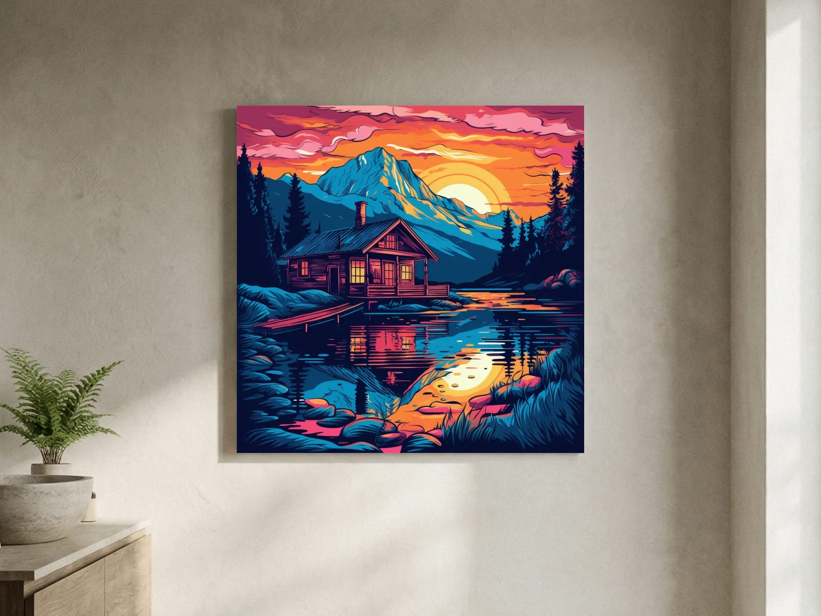 Vibrant Retro Alpine Lake Cabin Sunset - Vector Mountain Wall Art