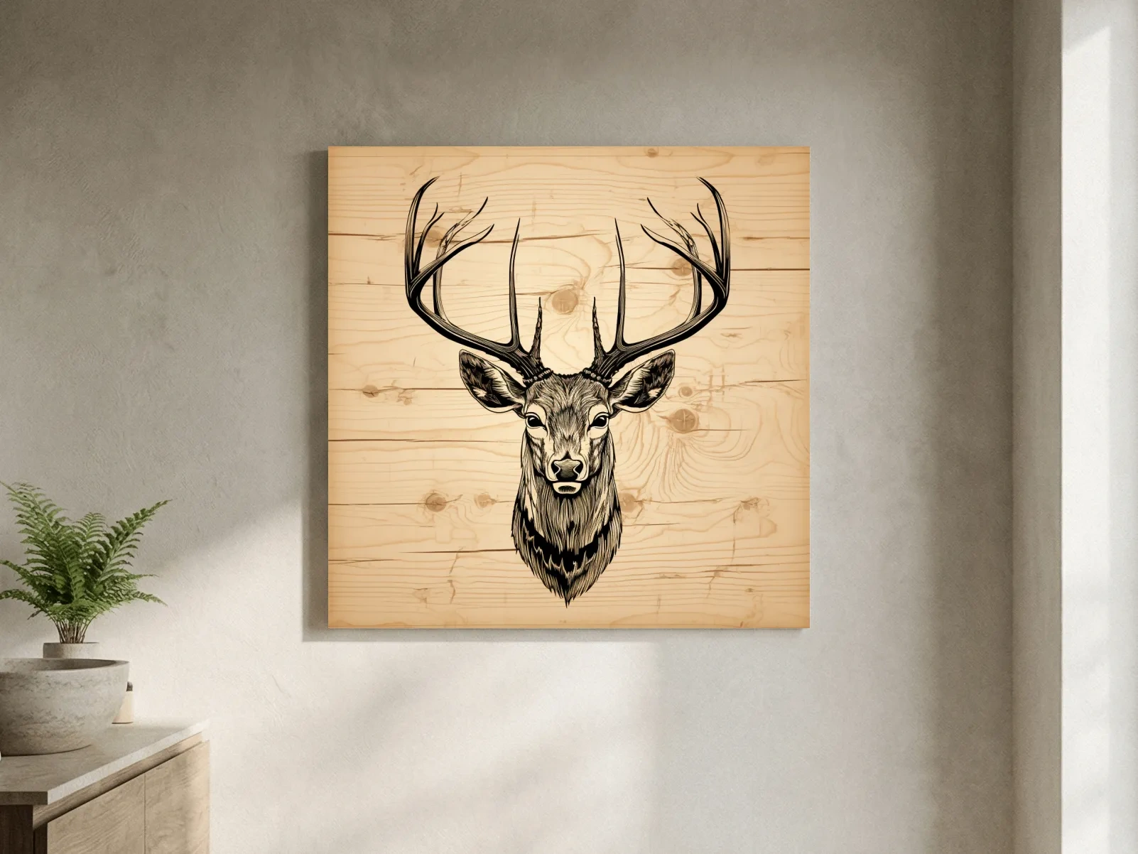 Rustic Engraved Wood Deer Head Illustration - Lodge Wildlife Wall Art