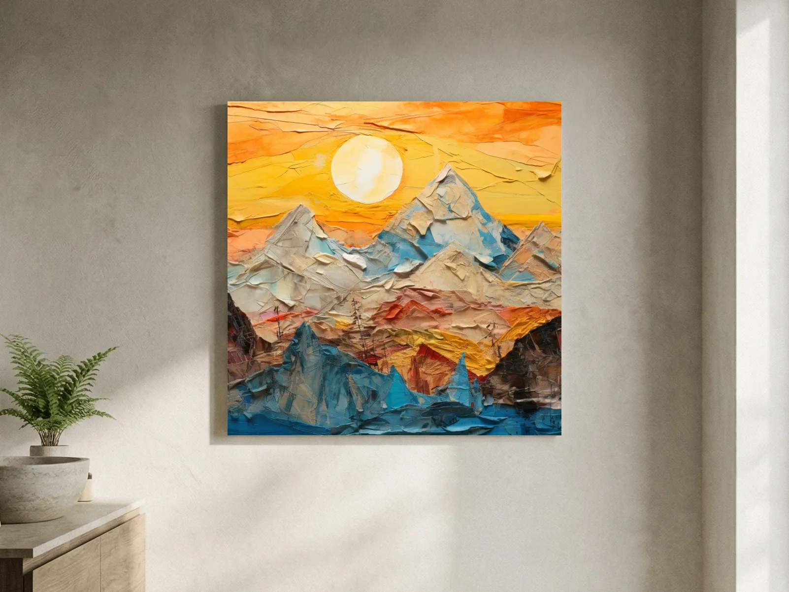 Collage Mountain Sunrise Painting - Warm Abstract Landscape Wall Art
