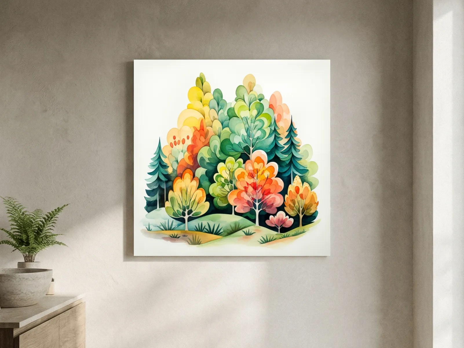 Whimsical Watercolor Forest Trees Illustration - Colorful Botanical Wall Art