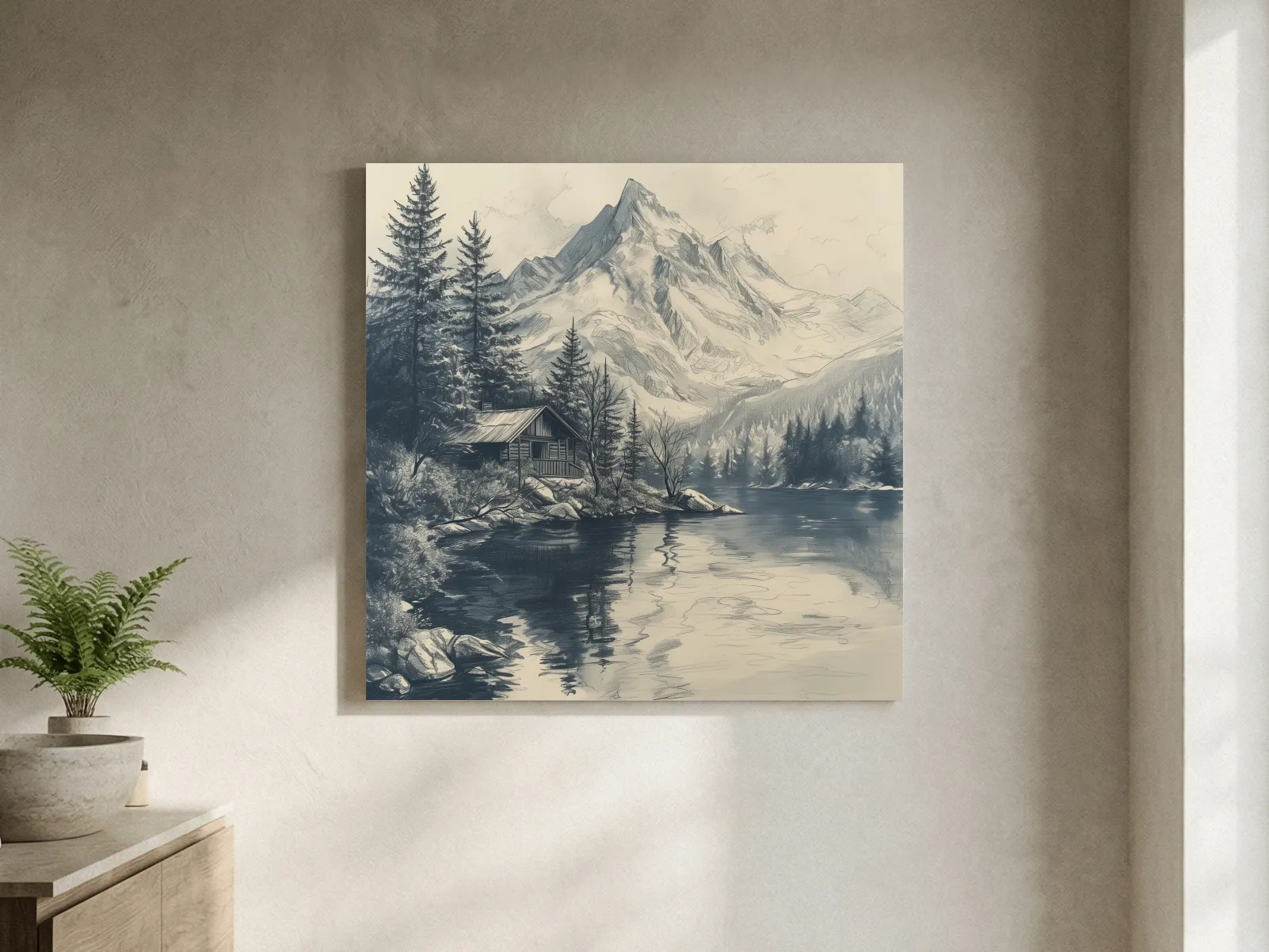 Vintage Alpine Cabin By Mountain Lake - Monochrome Pencil Sketch Landscape Wall Art