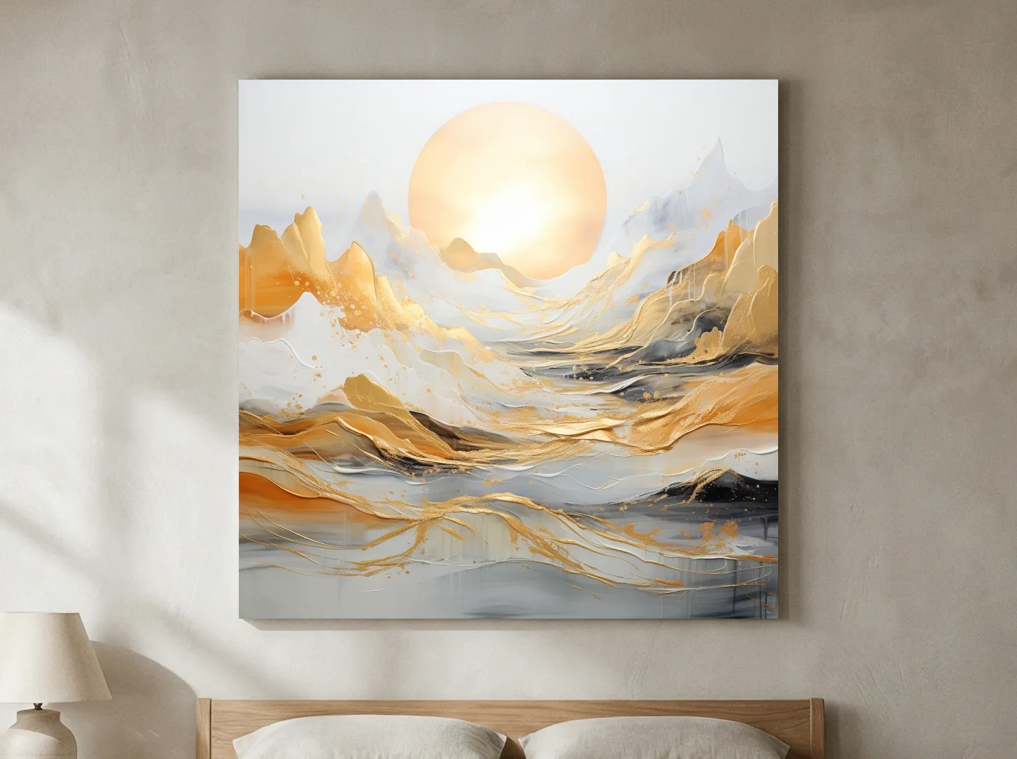 Abstract Golden Sunrise Mountain Landscape - Modern Golf Leaf Style Wall Art