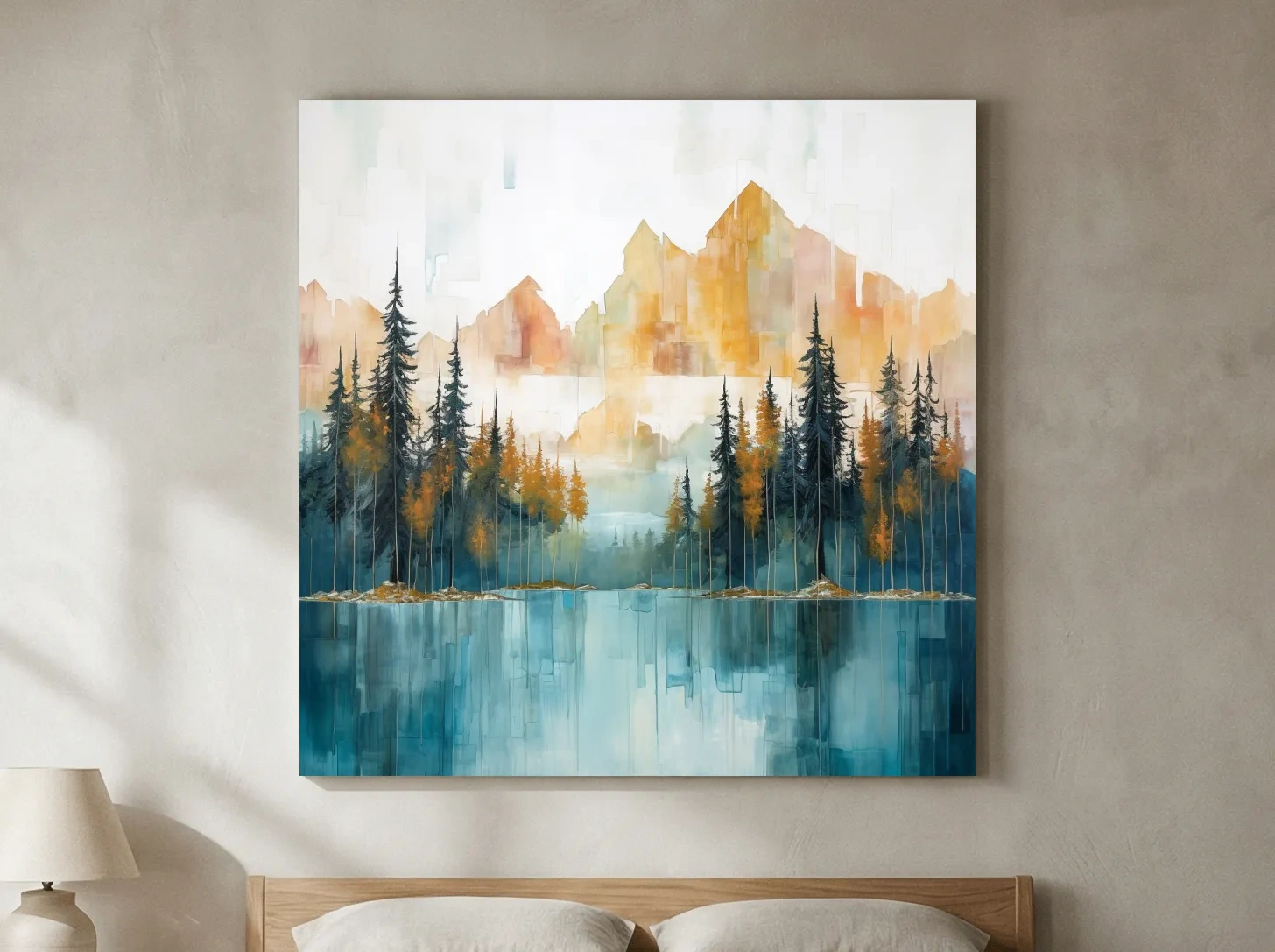 Abstract Watercolor Alpine Lake Reflection - Misty Mountain Forest Wall Art