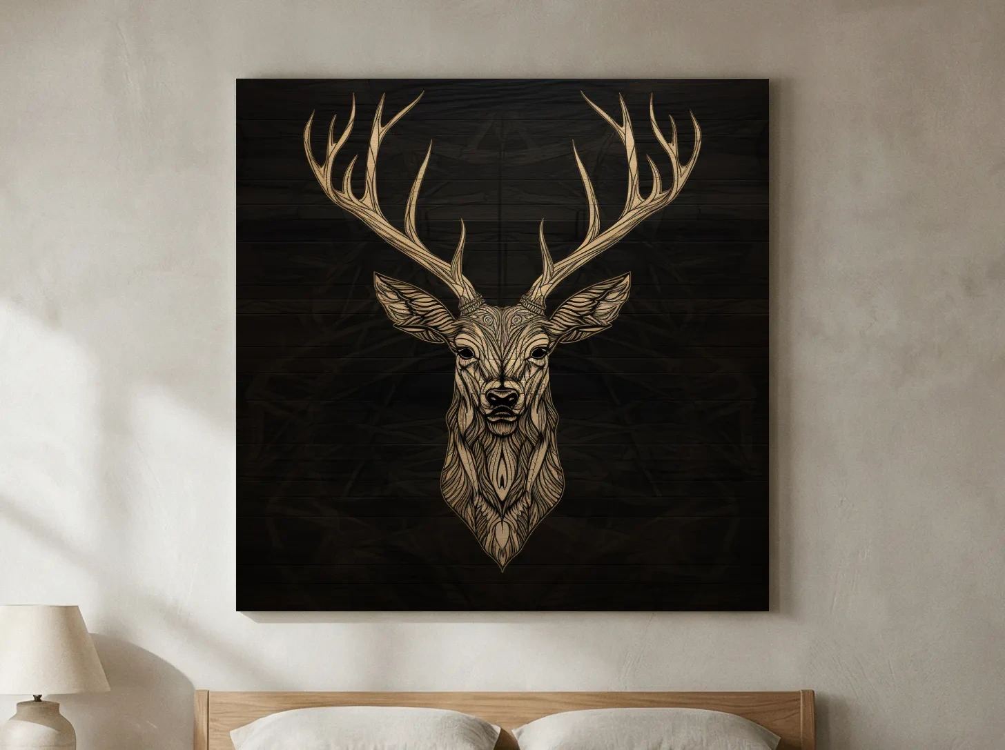 Elegant Geometric Deer Head Line Art - Rustic Woodcut Style Wildlife Artwork