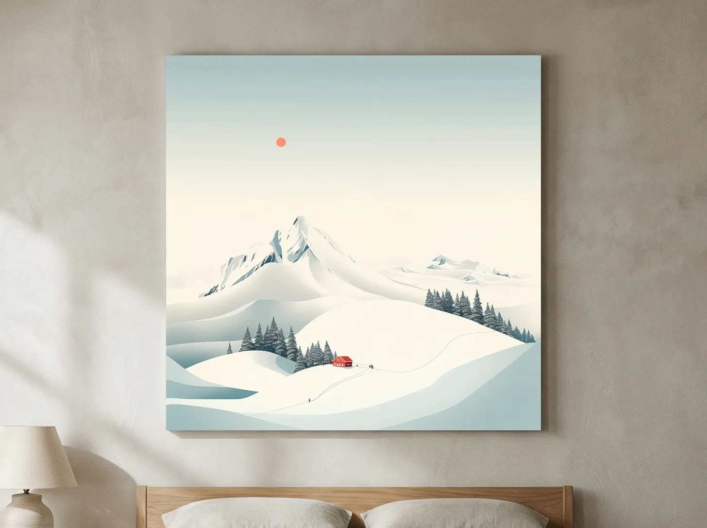 Minimalist Snowy Mountain Cabin Landscape - Winter Wall Art