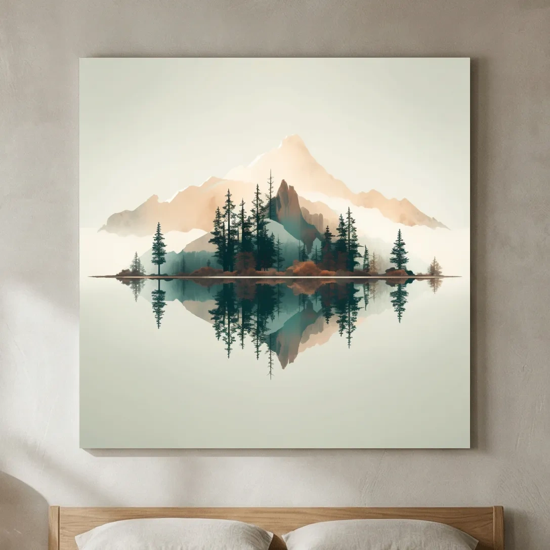 Minimalist Watercolor Mountain Lake Reflection - Serene Pine Forest Landscape Wall Art
