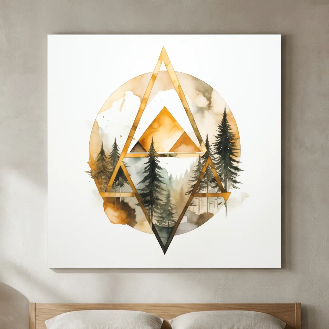 Rustic Elegant Watercolor Mountain Pine Forest - Abstract Golden Geometric Nature Wall Art
