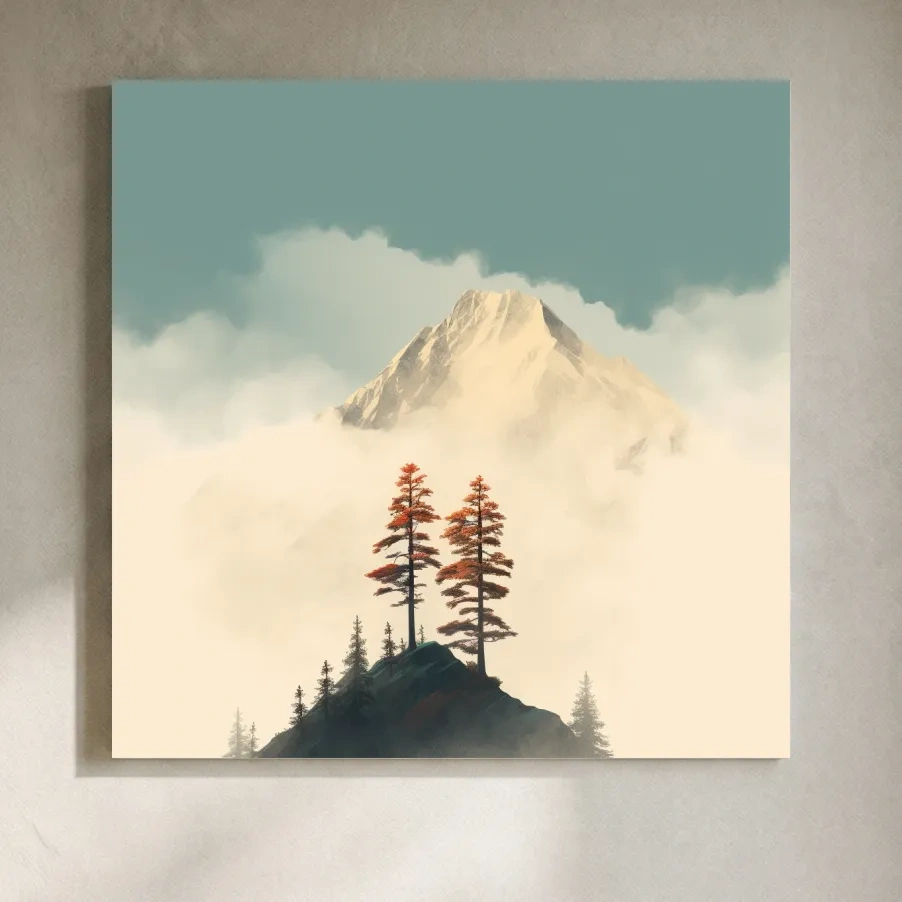 Misty Alpine Peak With Autumn Pines - Minimalist Mountain Artwork