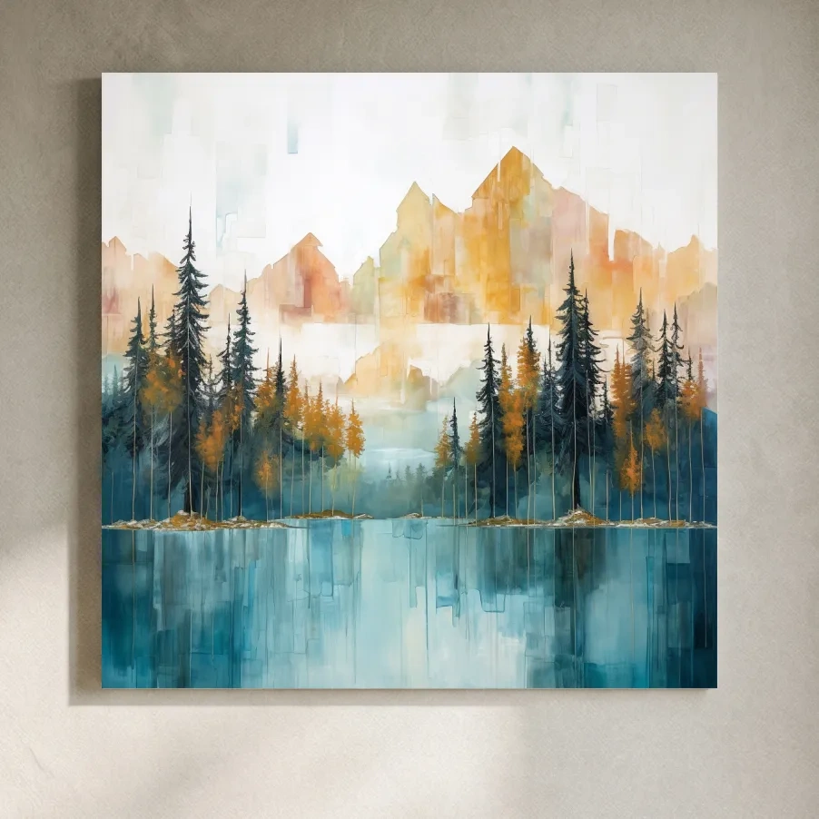 Abstract Watercolor Alpine Lake Reflection - Misty Mountain Forest Wall Art