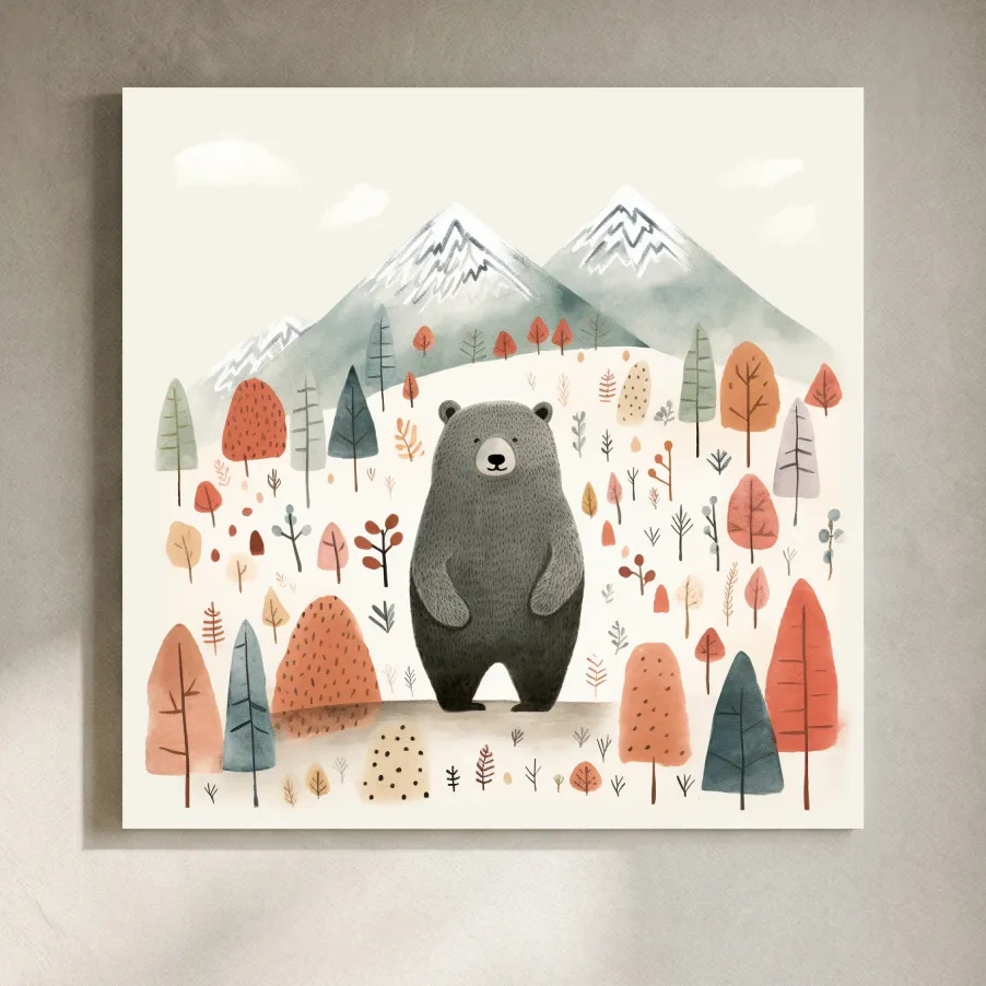 Cute Bear In Autumn Mountains - Scandinavian Nursery Woodland Animal Wall Art