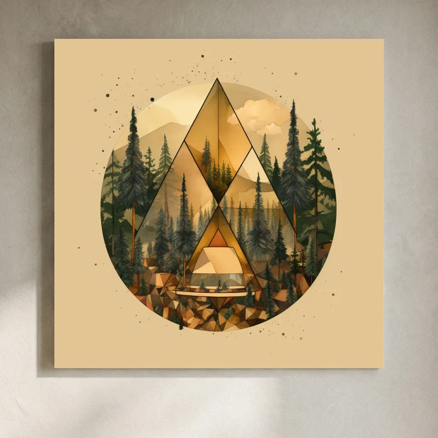 Geometric Mountain Cabin Forest Landscape - Modern Abstract Nature Wall Art