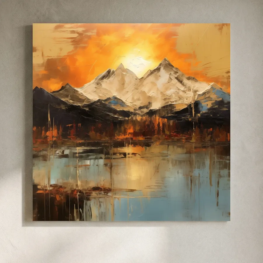 Abstract Mountain Lake Sunset - Textured Effect Alpine Wall Art