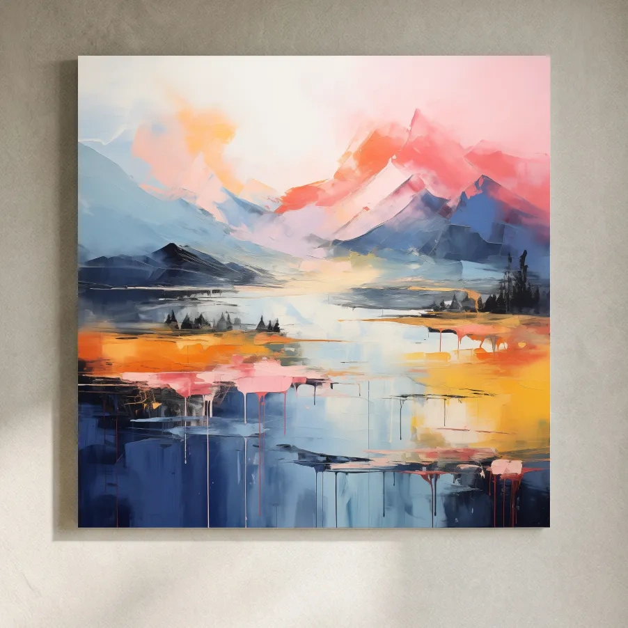 Vibrant Abstract Mountain Lake Sunset Painting - Colorful Modern Landscape Wall Art