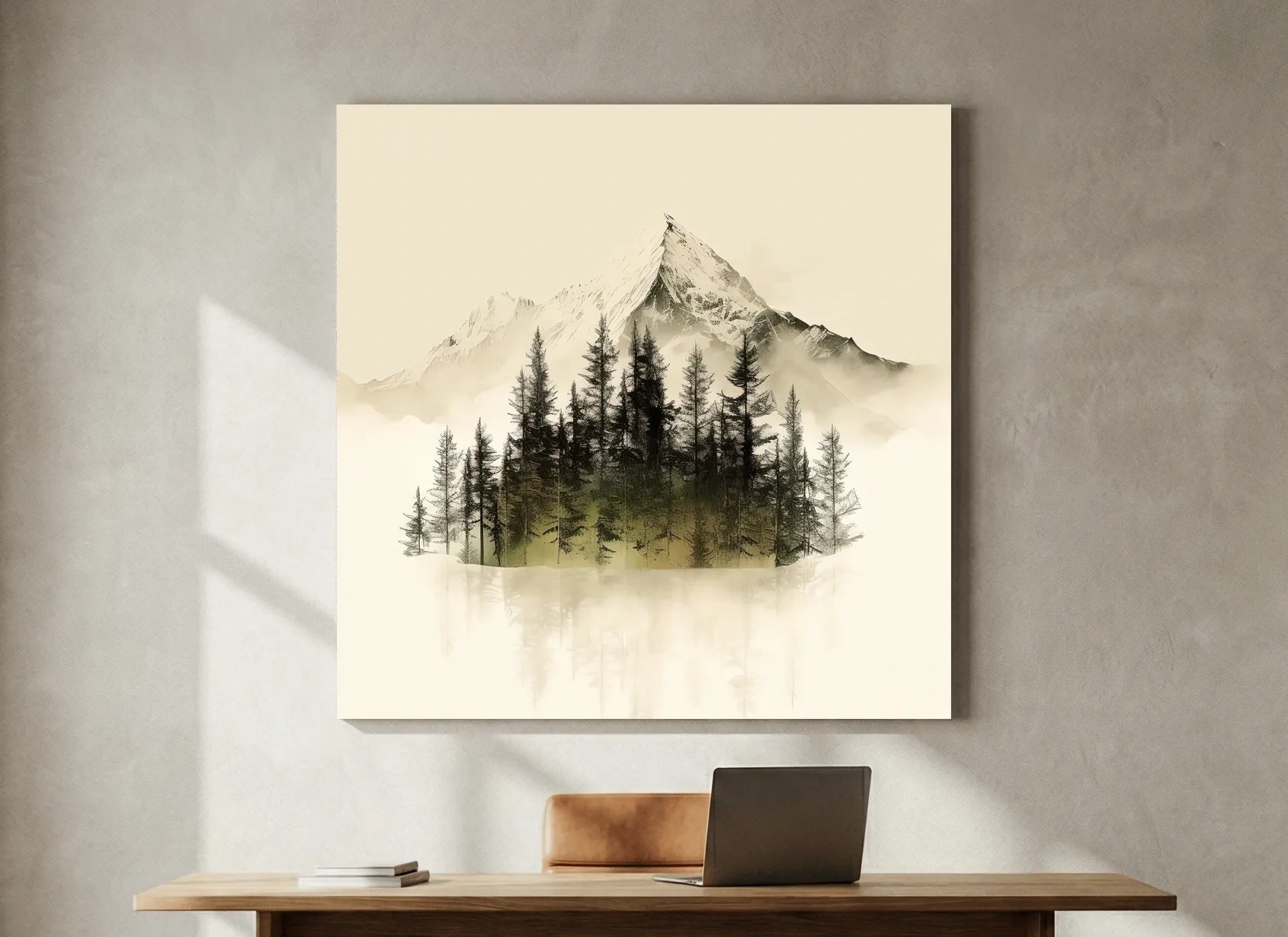 Misty Alpine Mountain Pine Forest Artwork - Minimalist Landscape Wall Art