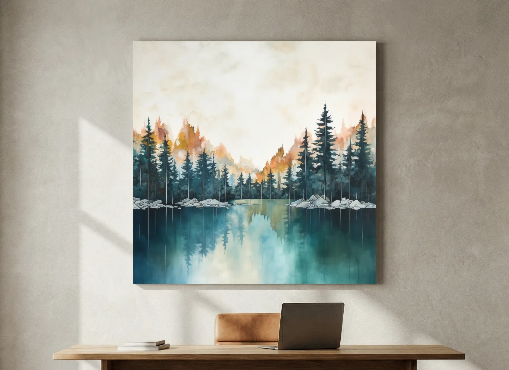 Misty Forest Lake Watercolor Painting - Serene Landscape Wall Art
