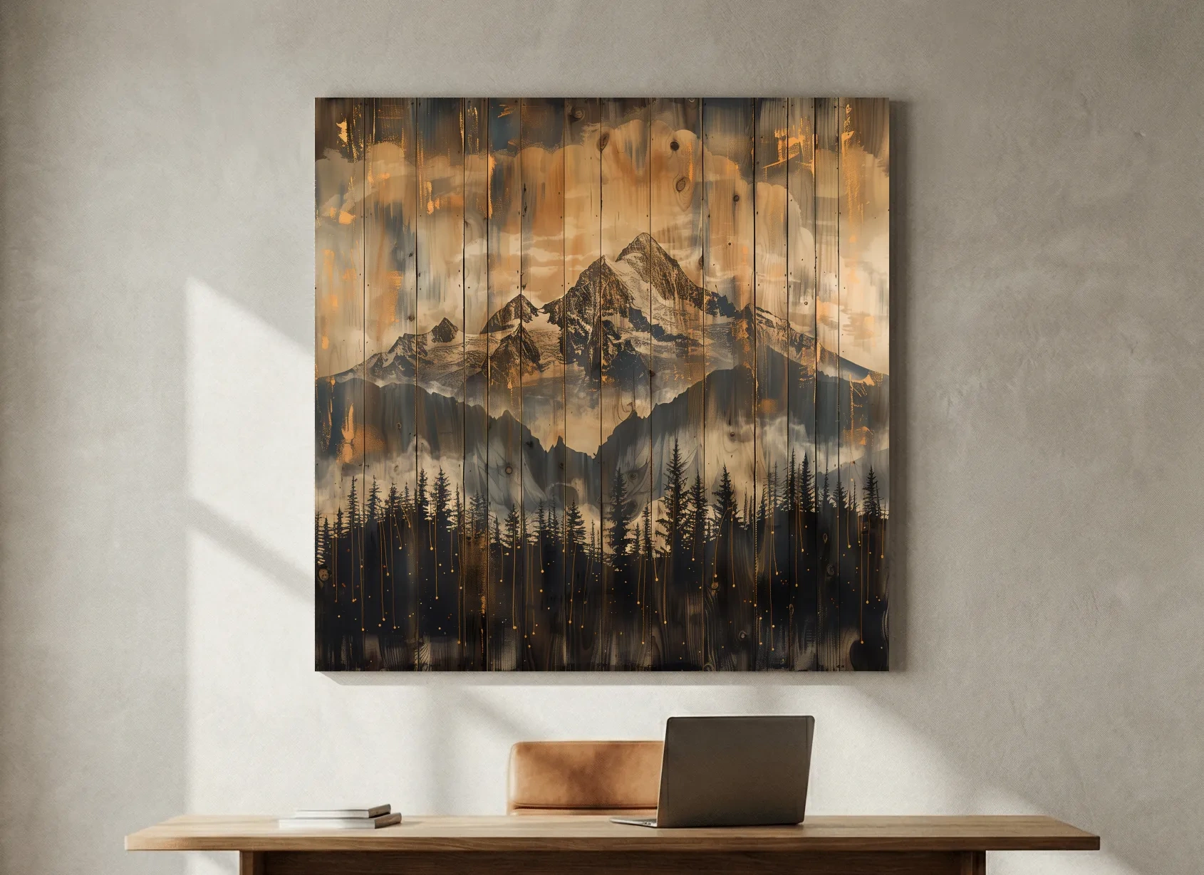 Rustic Mountain Range Over Pine Forest - Vintage Wood Panel Style Landscape Artwork