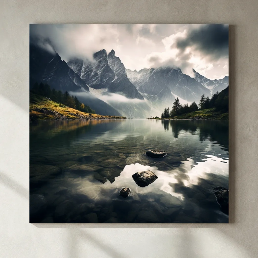 Moody Alpine Lake Reflection Photographic Print - Dramatic Landscape Wall Art