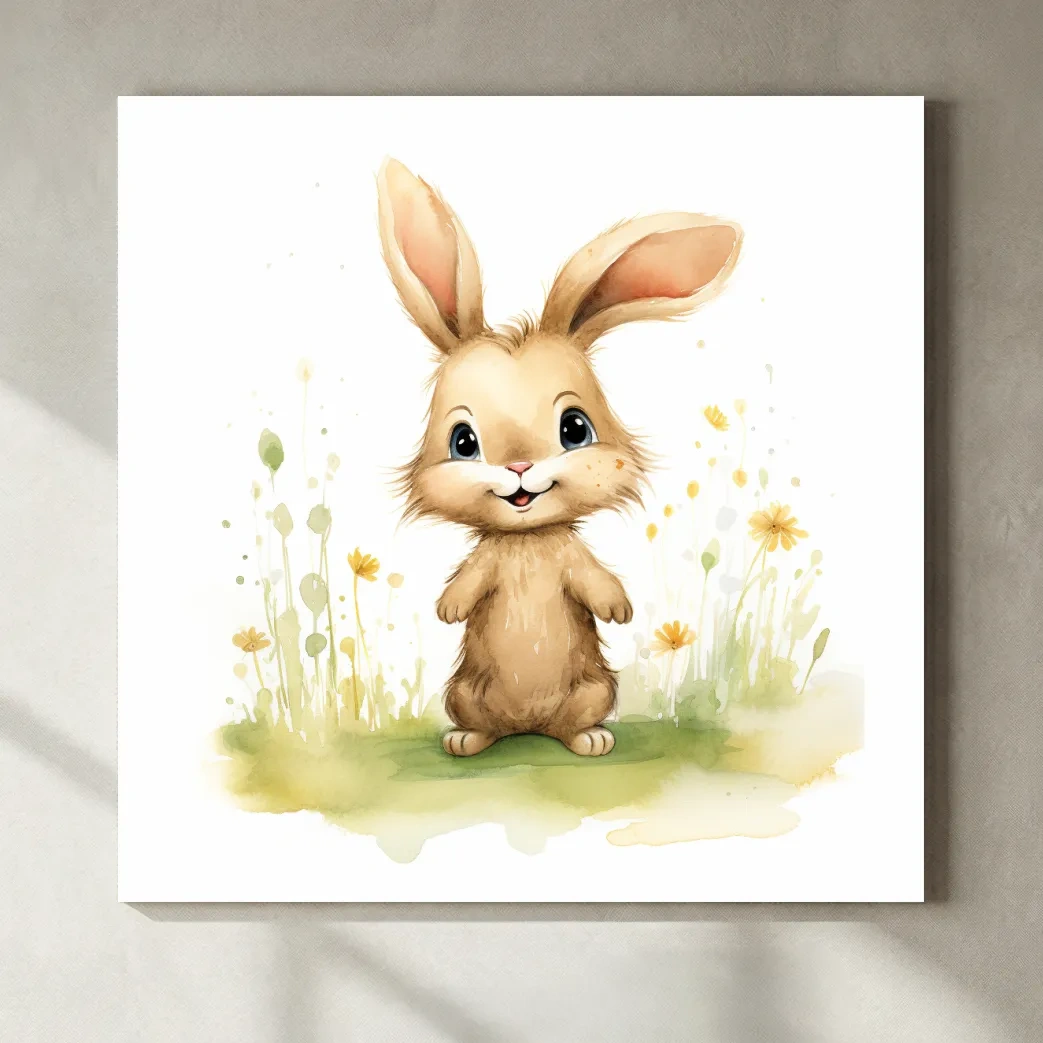 Cute Watercolor Bunny In Wildflowers - Whimsical Nursery Animal Wall Art