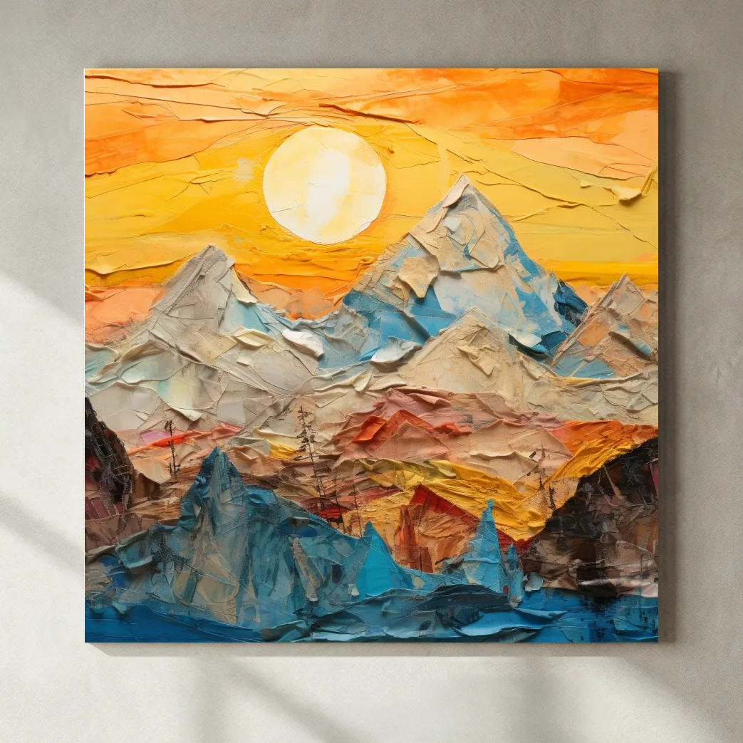 Collage Mountain Sunrise Painting - Warm Abstract Landscape Wall Art