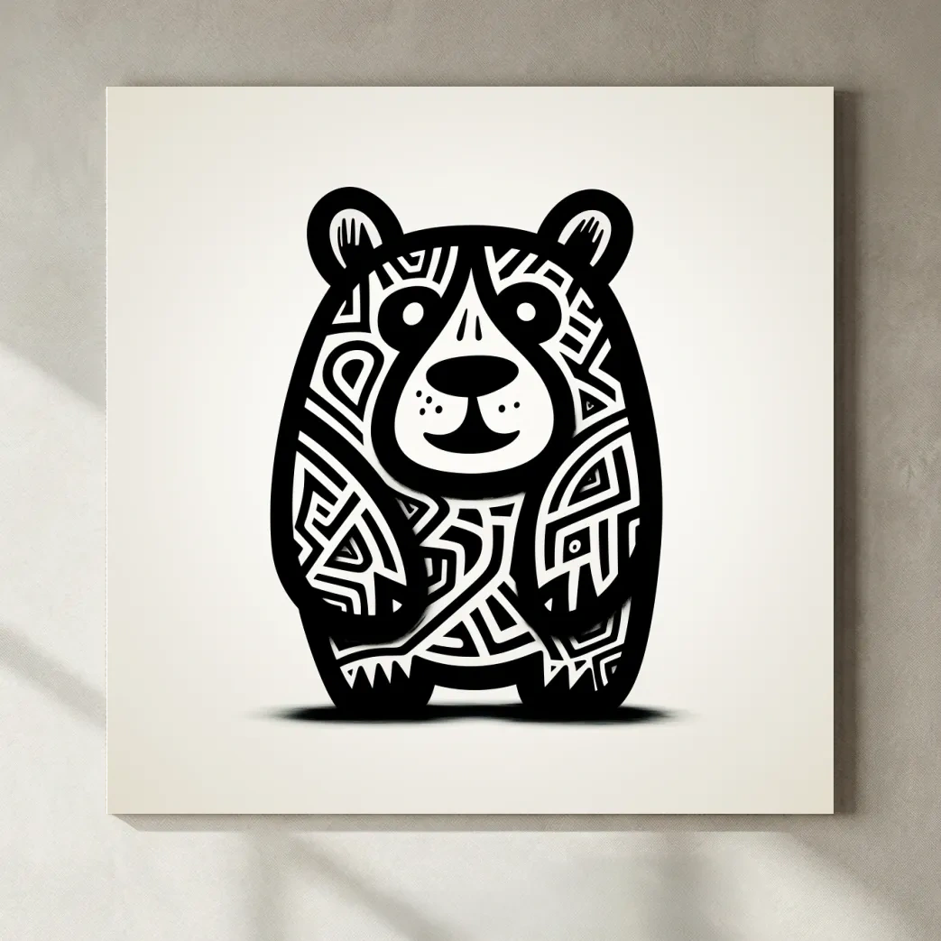 Tribal Cartoon Bear Illustration - Minimalist Black And White Wildlife Wall Art