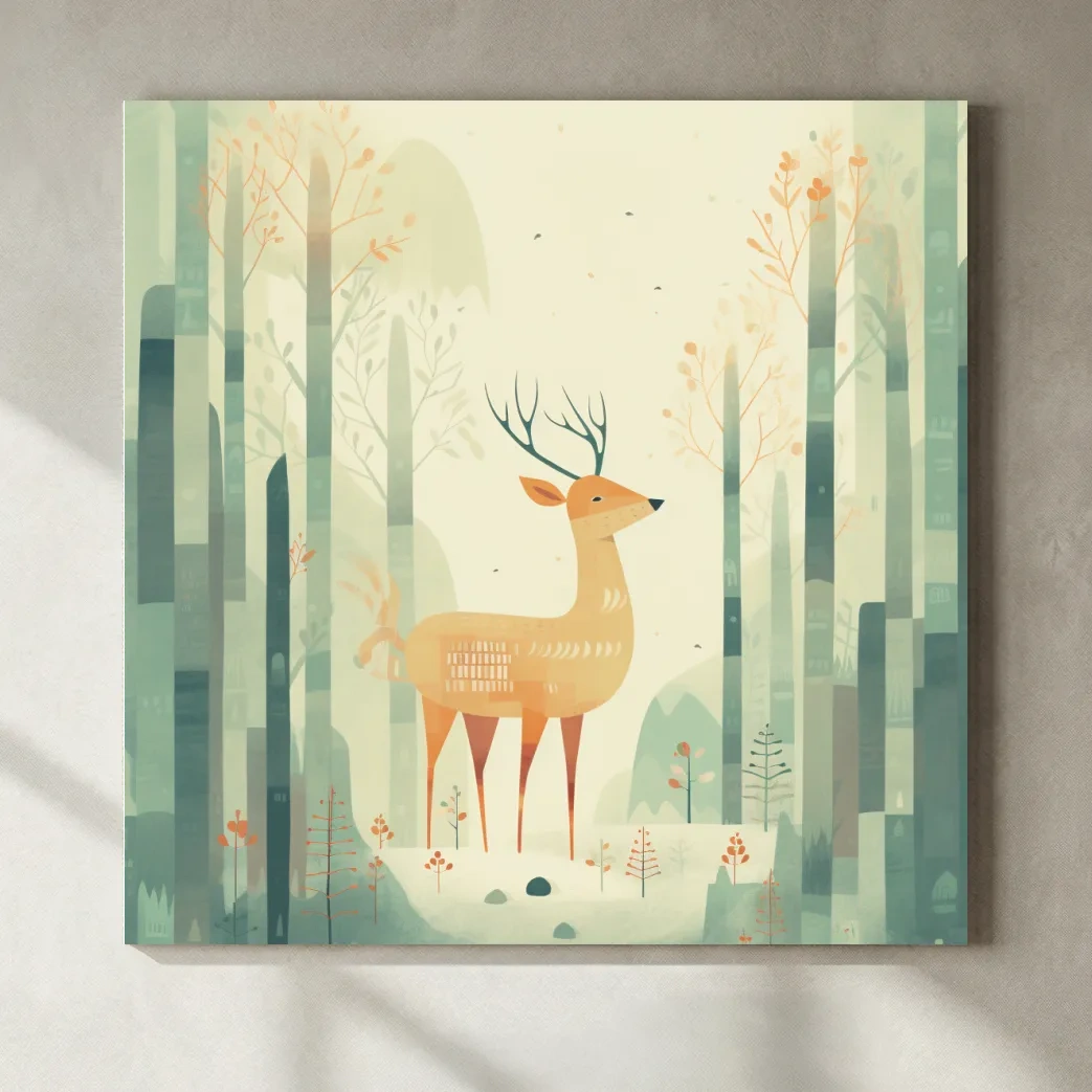 Whimsical Deer In Misty Forest - Minimalist Woodland Nursery Wall Art