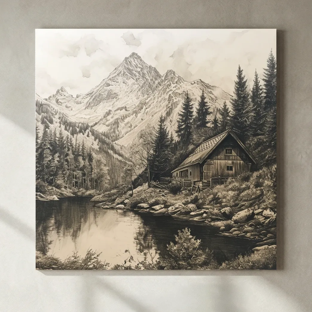 Vintage Sepia Mountain Cabin Lake Scene - Rustic Alpine Forest Landscape Art