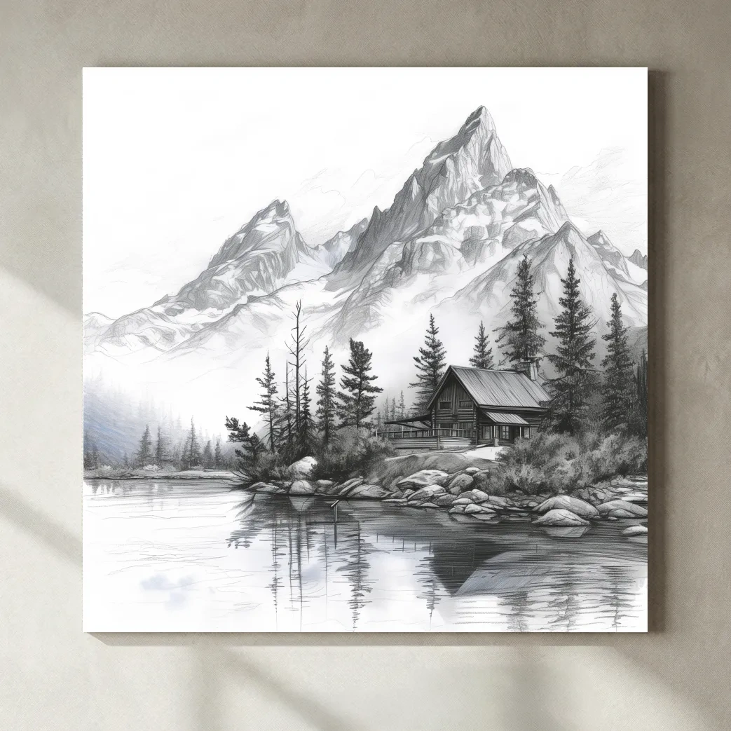 Monochrome Mountain Lake Cabin Sketch - Rustic Alpine Glacier Wall Art