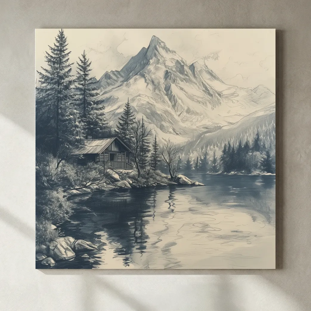 Vintage Alpine Cabin By Mountain Lake - Monochrome Pencil Sketch Landscape Wall Art