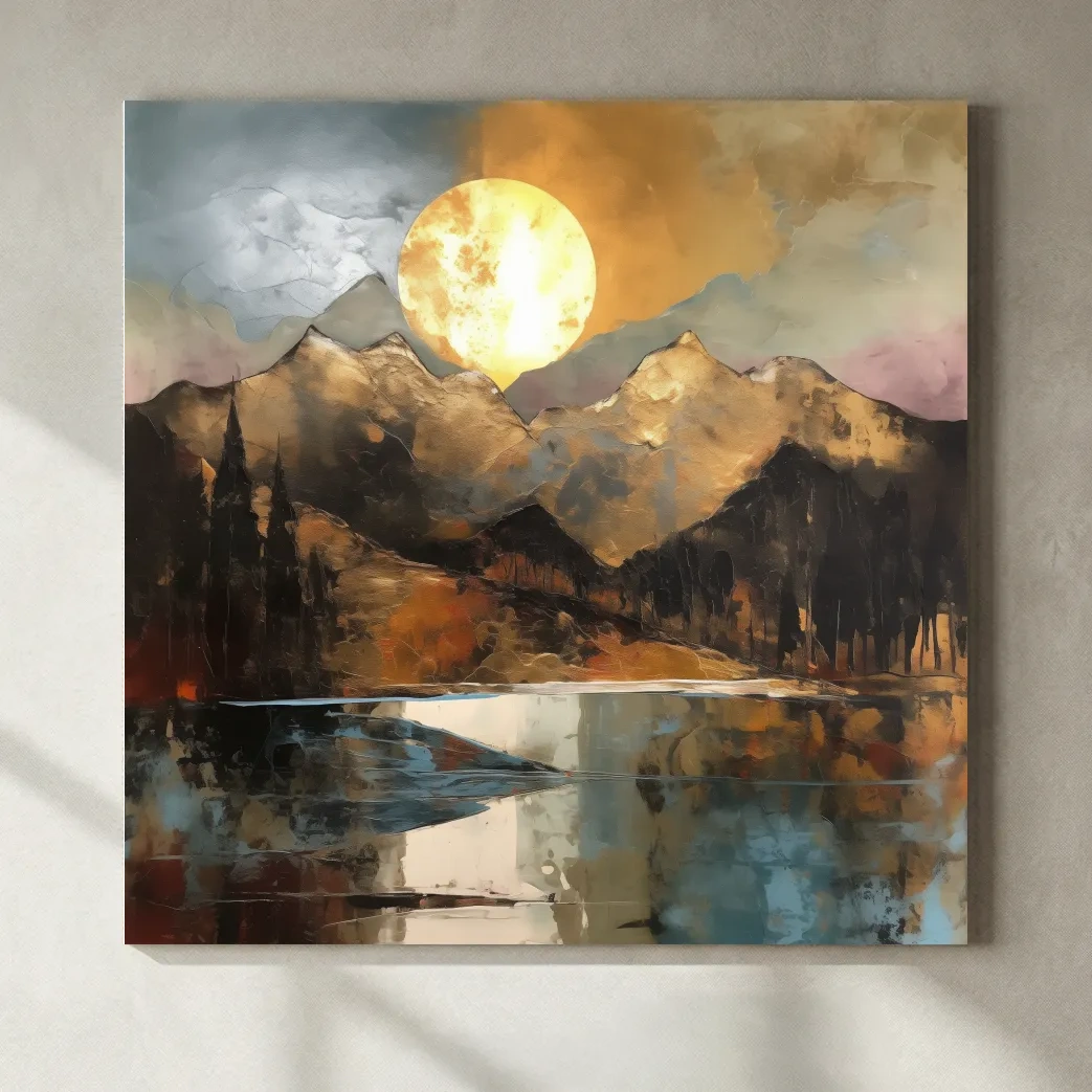 Alpine Mountain Lake Sunset Painting - Golf Leaf Style Wall Art