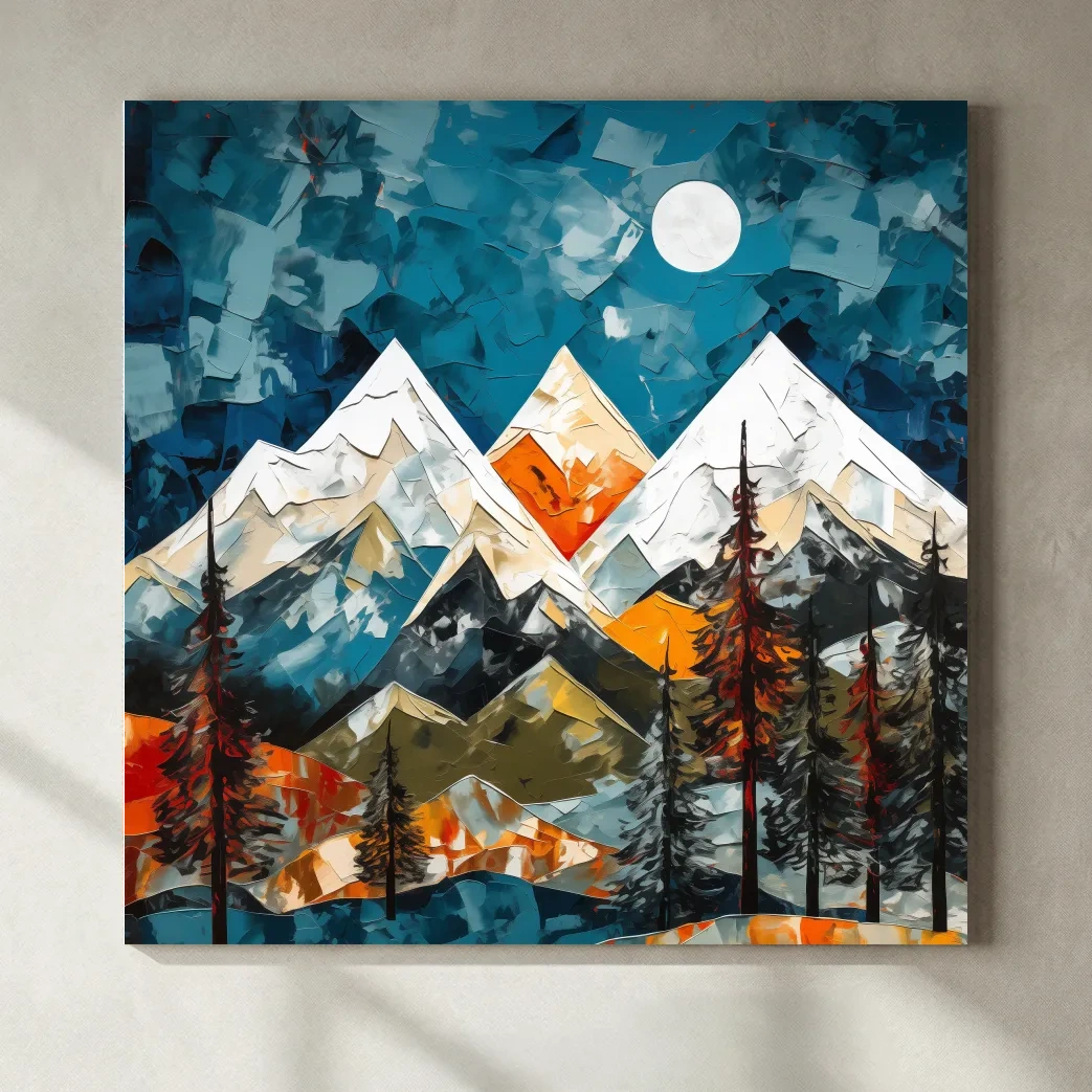 Abstract Impasto Style Mountain Nightscape - Moonlit Alpine Landscape Wall Art