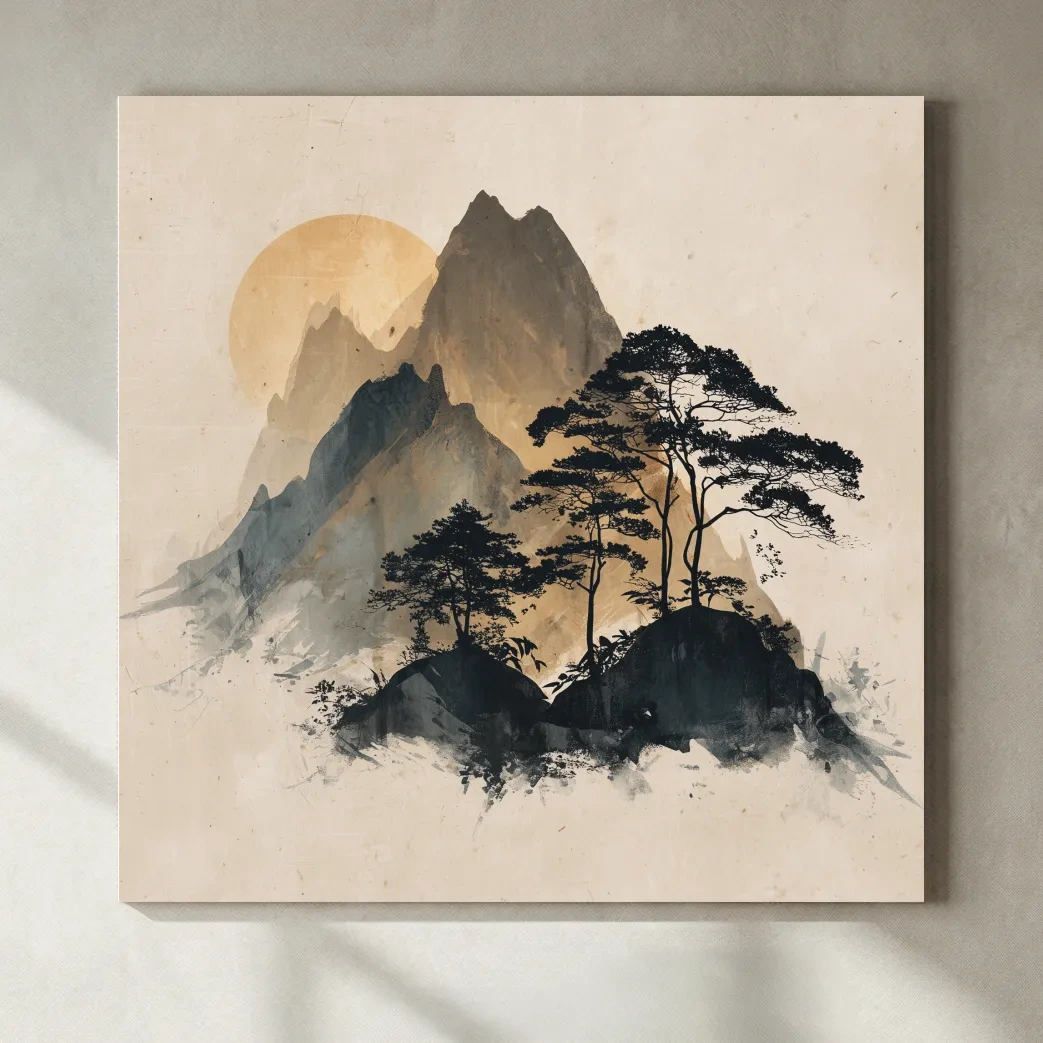 Zen Ink Wash Mountain Sunrise - Minimalist Japanese Pine Landscape Wall Art