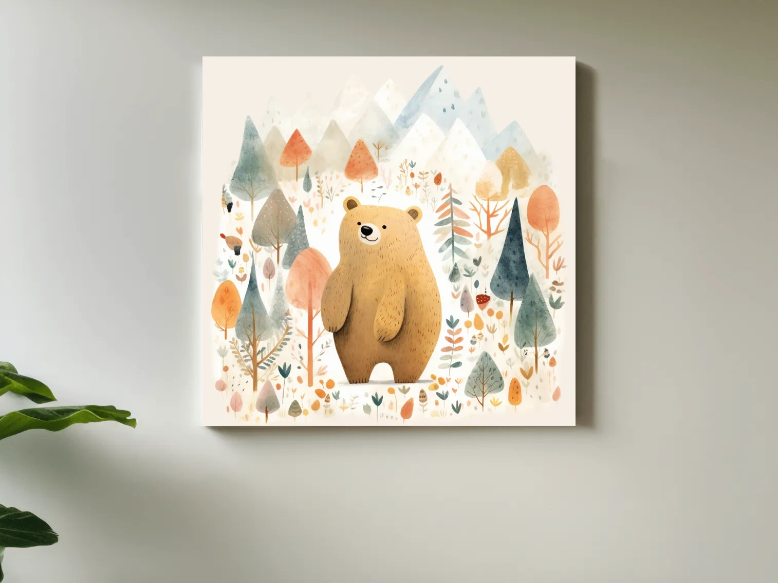 Cute Watercolor Bear In Mountain Forest - Whimsical Nursery Wall Art