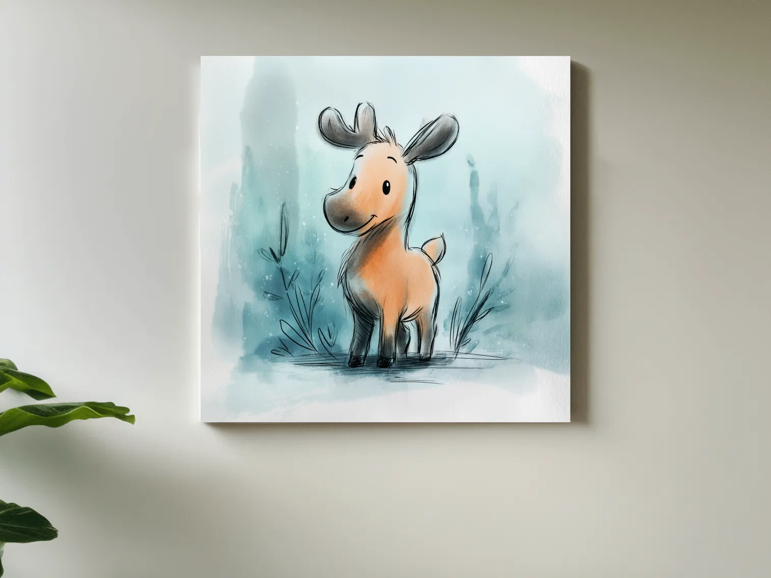 Cute Baby Moose Watercolor Illustration - Whimsical Nursery Wildlife Wall Art