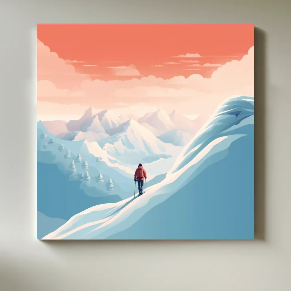 Minimalist Backcountry Skier Illustration - Pastel Alpine Landscape Wall Art